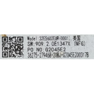 MAIN FUENTE PARA TV HISENSE / NUMERO DE PARTE 279468 / RSAG7.820.9375/ROH / 200317 / 32E5602EUR / G2045E2 / 36275-279468-20BJ / PANEL JHD315V1H01-TXL1/S0/GM/ROH / MODELO 32H4030F1